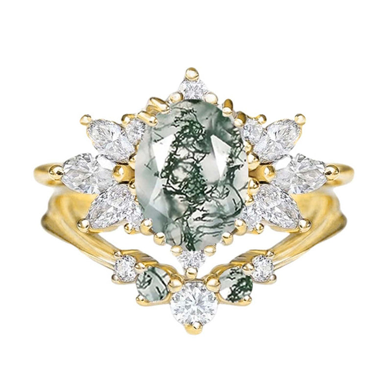 Sterling Silver Personalized  Engraved  Oval Cut Moss Agate Engagement Wedding Ring Set for Women