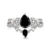 Sterling Silver 10K 14K 18K Gold Pear Cut Gemstone Leaf  Engagement Ring Set