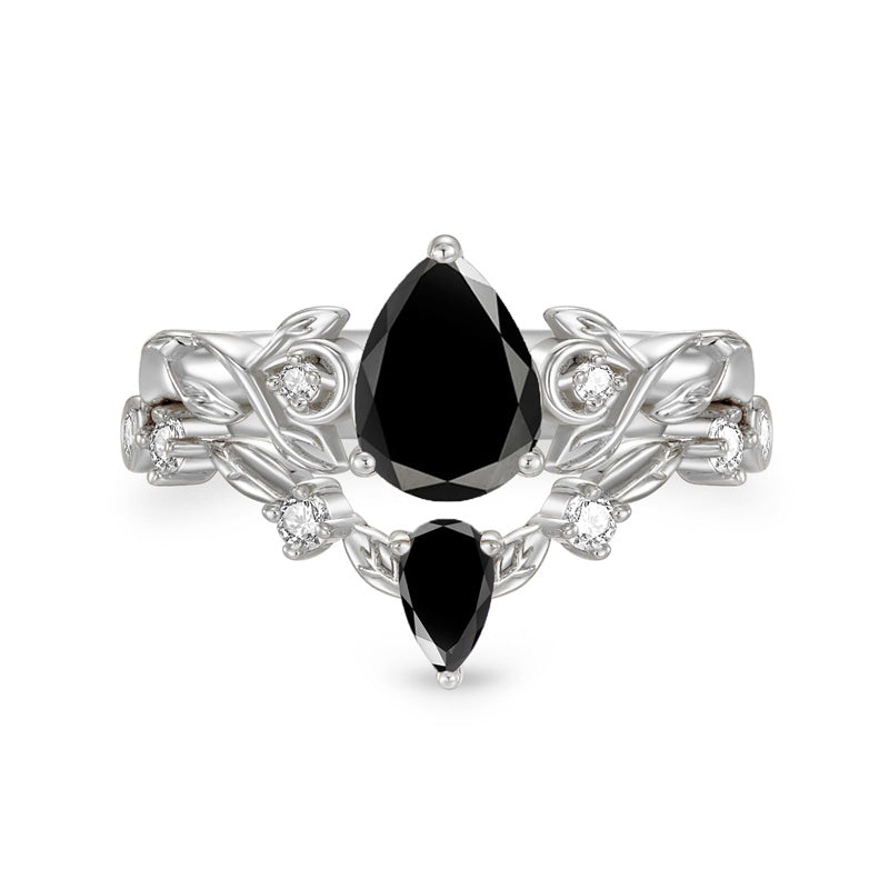 Sterling Silver 10K 14K 18K Gold Pear Cut Gemstone Leaf  Engagement Ring Set