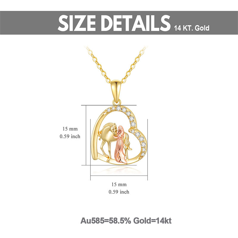 14K Gold Horse and Girl Heart Pendant Necklace