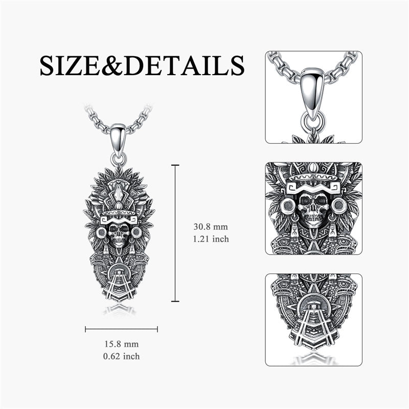 Sterling Silver Mictlantecuhtli Quetzalcoatl Tezcatlipoca Skull Pendant Necklace Aztec Jewelry For Men