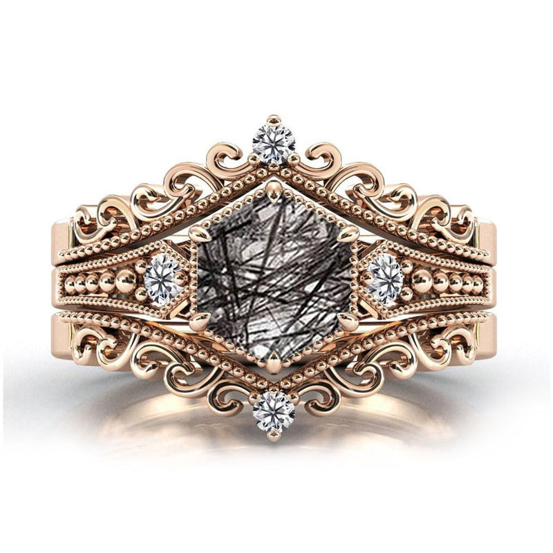 Sterling Silver 10K 14K 18K Personalized Engraved 2CT Natural Black Rutilated Quartz Engagement Ring Set