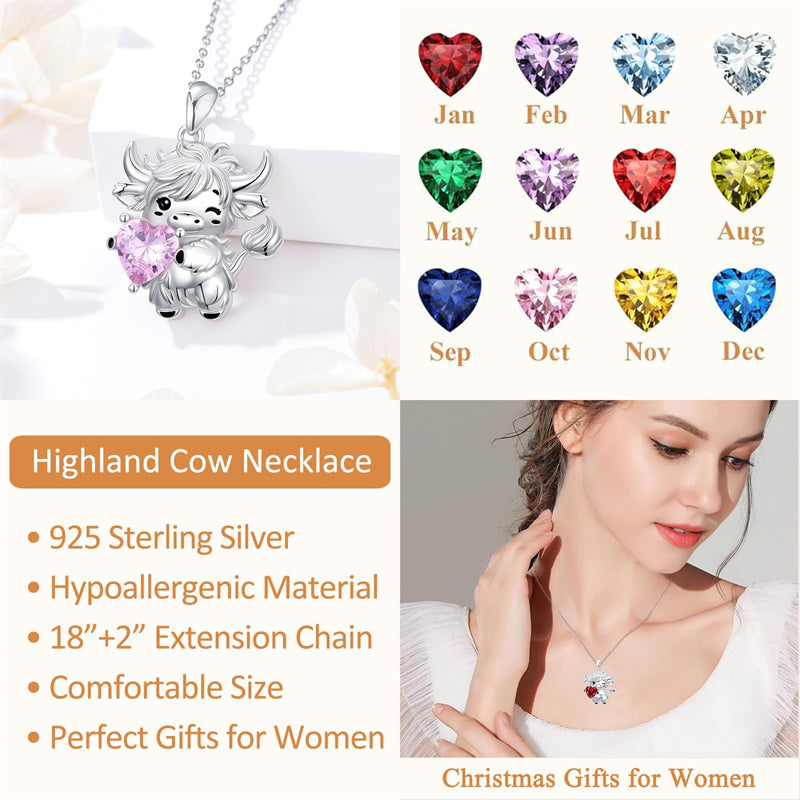 Sterling Silver Heart  Birthstone Highland Cow Pendant Necklace
