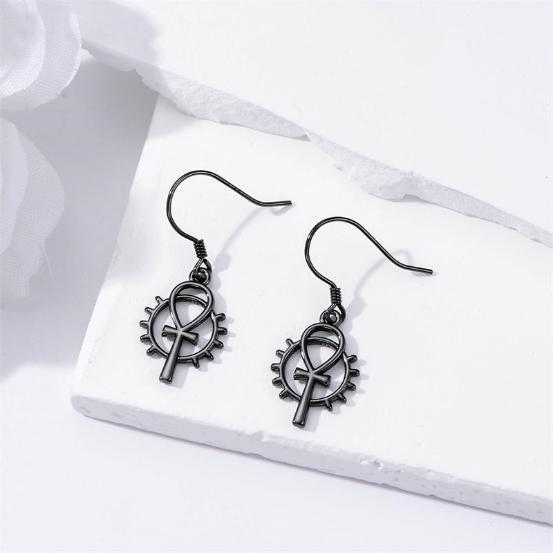 Sterling Silver Medieval Sword Dangle Cross Knives  Ankh Drop Earrings