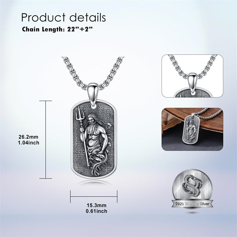 Sterling Silver  Poseidon Trident  Pendant Necklace for Men