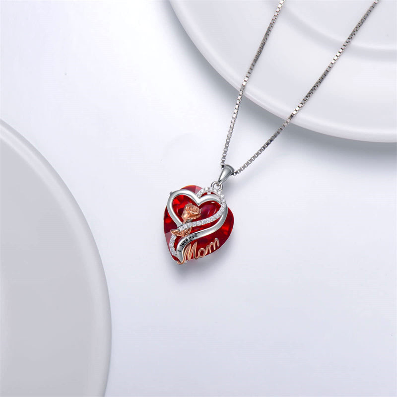 Sterling Silver Birthstone Heart Rose Pendant Necklace With Engraved