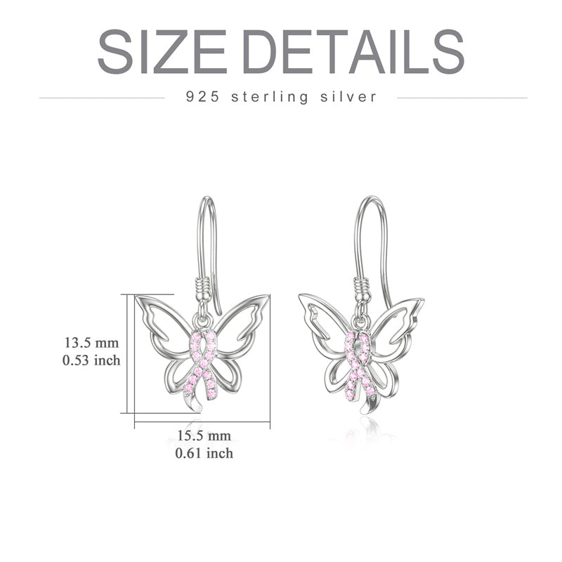 Sterling Silver Pink Ribbon Butterfly Breast Cancer Awareness Dangle Earrings