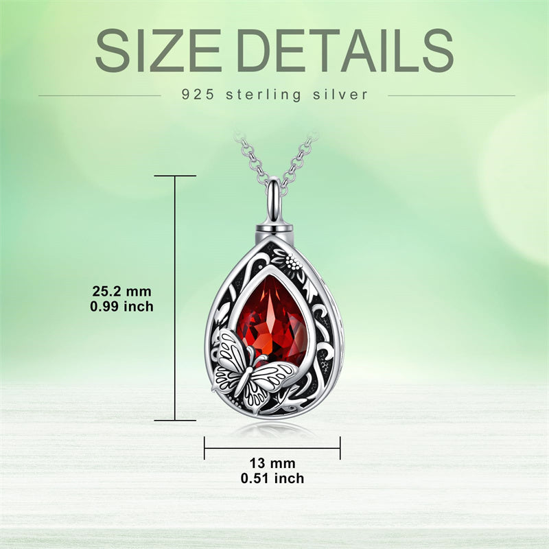 Sterling Silver Personalized Red Cubic Zirconia Butterfly Hummingbird Urn Necklace for Ashes