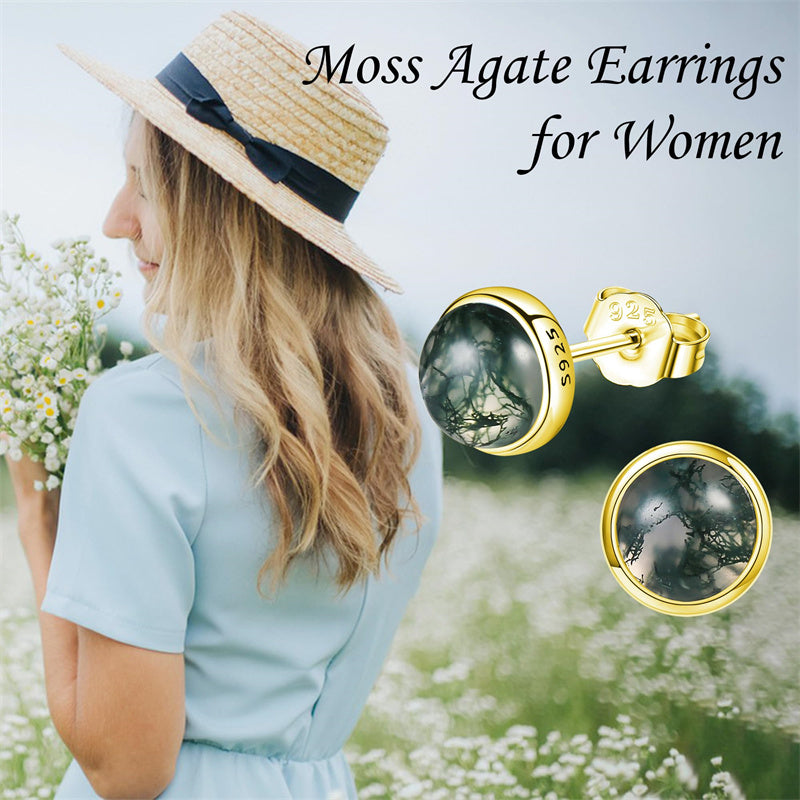 Sterling Silver Moss Agate Stud Earrings