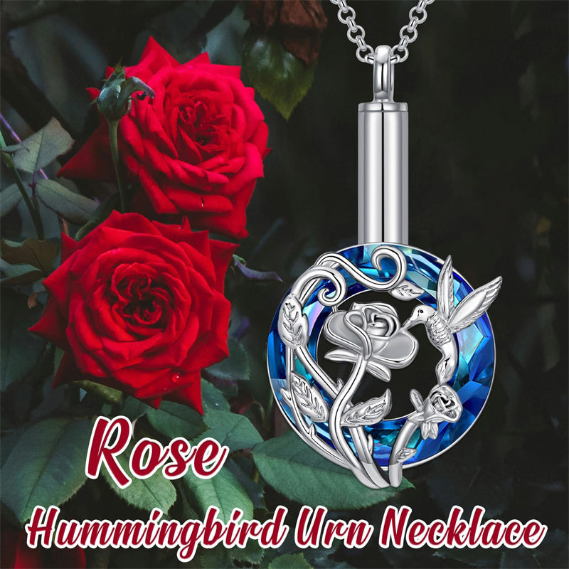 Sterling Silver Crystal Hummingbird Urn Necklace for Ashes