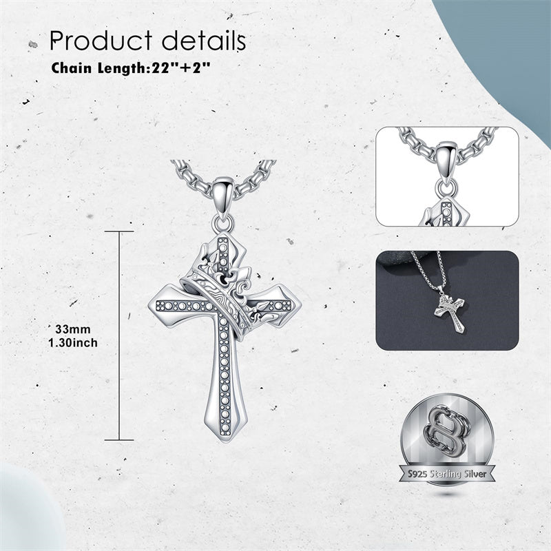 Sterling Silver Cross Christian Pendant Necklace for Men