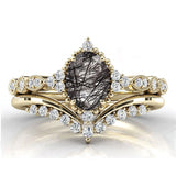 Sterling Silver 10K 14K 18K Personalized Engraved 2CT Natural Black Rutilated Quartz Engagement Ring Set