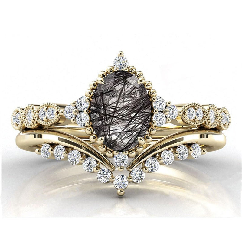 Sterling Silver 10K 14K 18K Personalized Engraved 2CT Natural Black Rutilated Quartz Engagement Ring Set