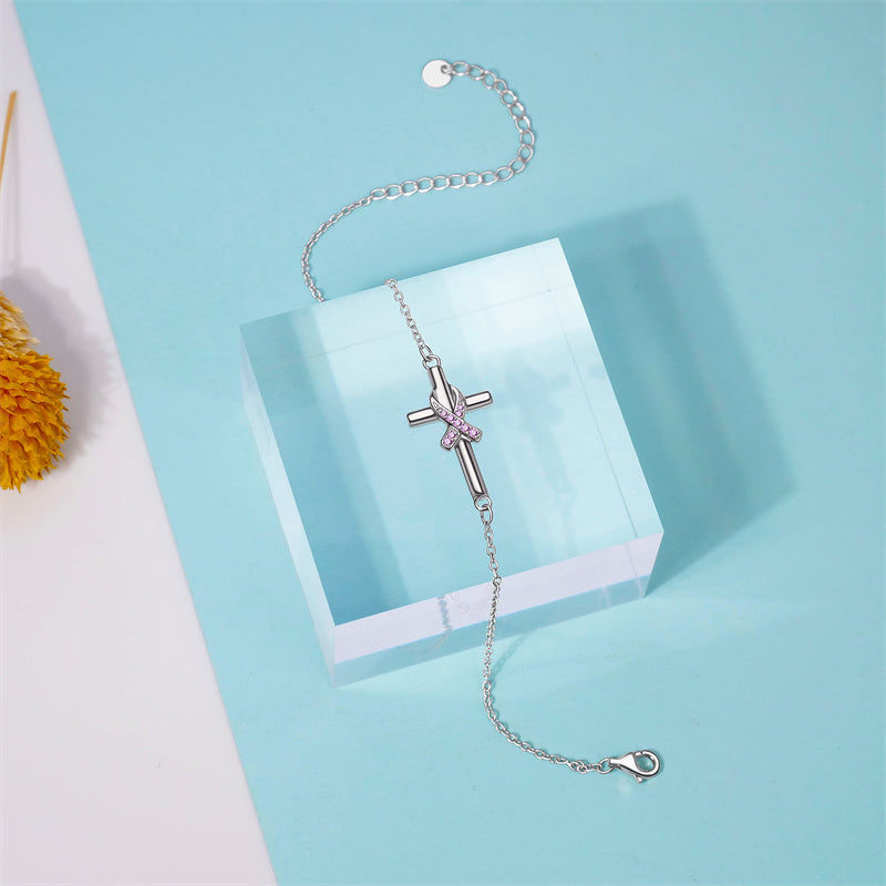 Sterling Silver Butterfly Cross Breast Cancer Awareness Bracelet