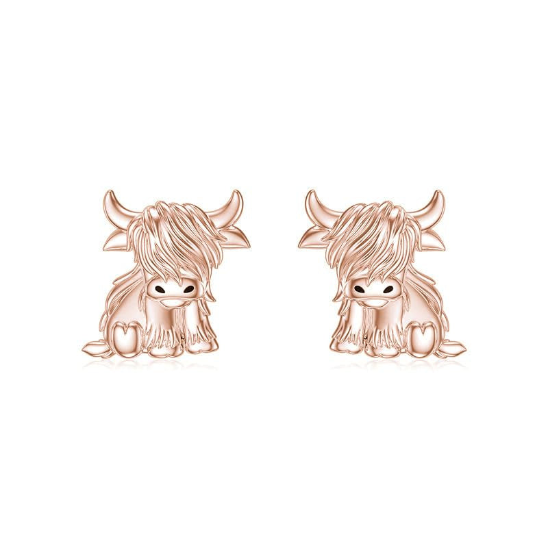 10K 14K 18K Solid Gold Highland Cow Stud Earrings