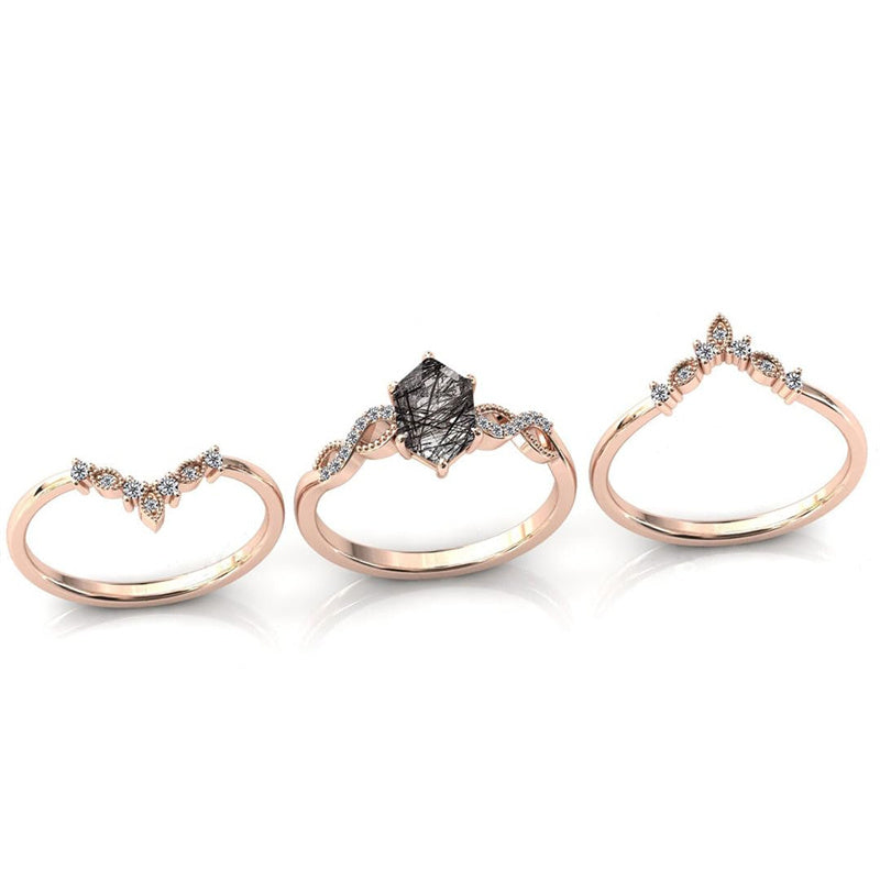 Sterling Silver 10K 14K 18K Personalized Engraved 2CT Natural Black Rutilated Quartz Engagement Ring Set