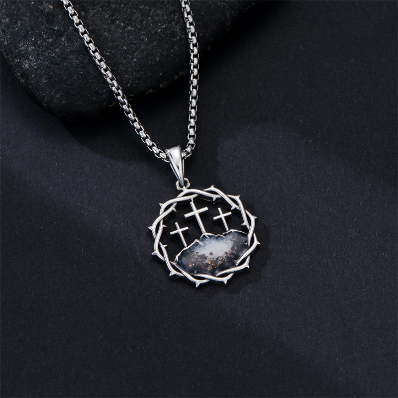 Sterling Silver Crown of Thorns Crucifix Cross Pendant Necklace for Men