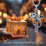 Sterling Silver Shark Fish Hook Triple Moon Cross Pendant Necklace