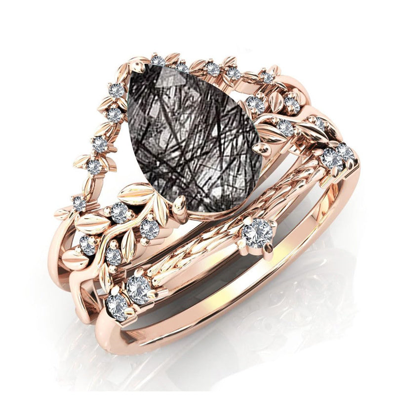 Sterling Silver 10K 14K 18K Personalized Engraved 2CT Natural Black Rutilated Quartz Engagement Ring Set