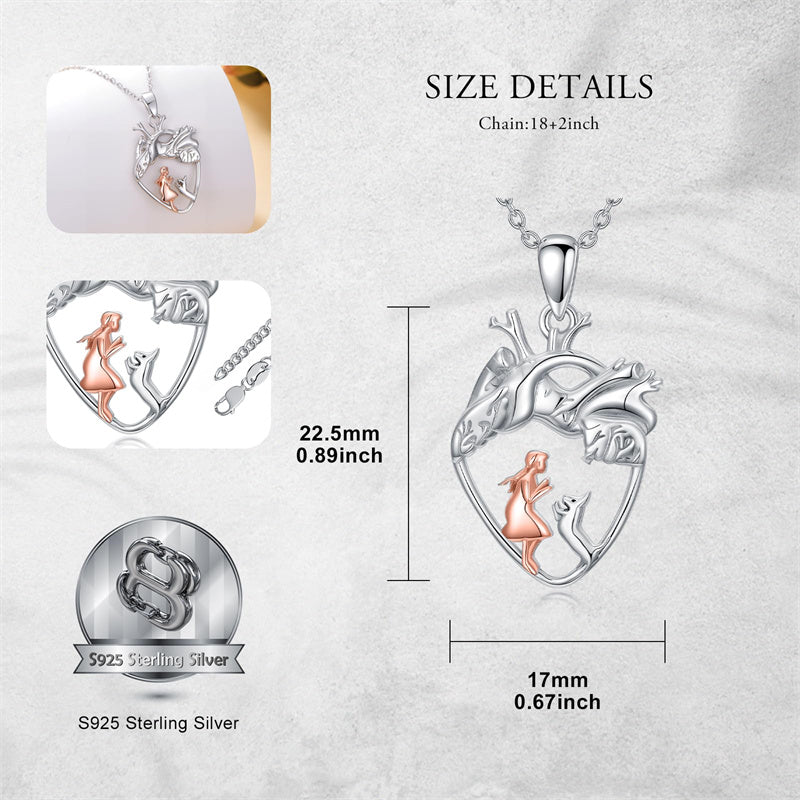 Sterling Silver Anatomical Heart Girl withr Dog Cat Pendant Necklace