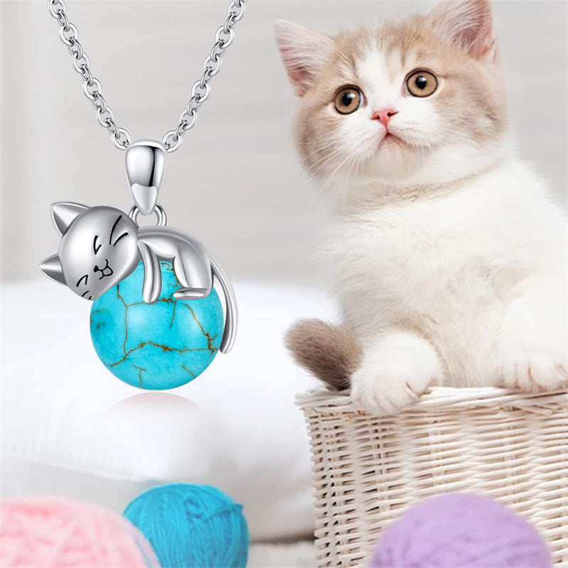 Sterling Silver Turquoise Larimar Labradorite Moss Agate Blue Sandstone  Cat Pendant Necklace