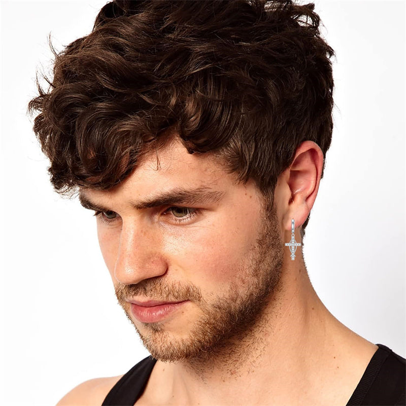 Sterling Silver Cross Sun Viking Wave Hoop Earrings for Men