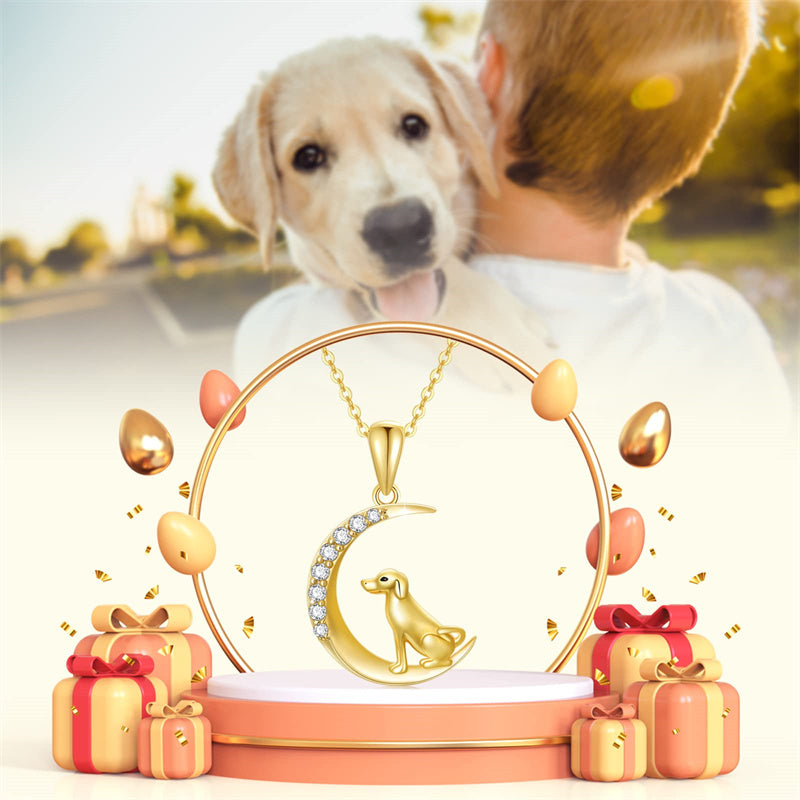 14K Yellow Gold Cubic Zirconia Dog and Moon Pendant Necklace