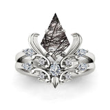 Sterling Silver 10K 14K 18K Personalized Engraved 2CT Natural Black Rutilated Quartz Engagement Ring Set