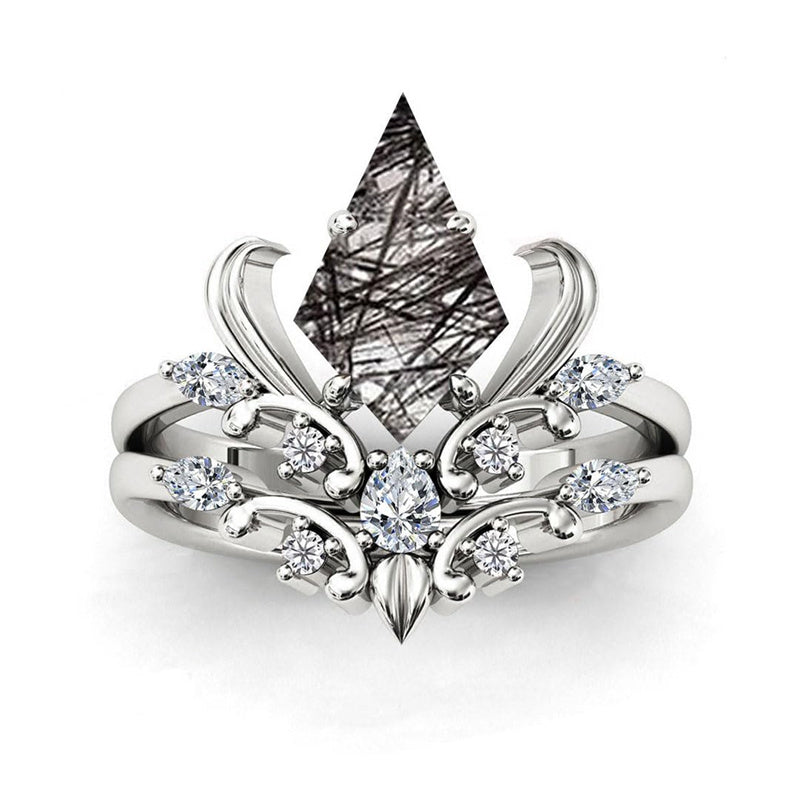 Sterling Silver 10K 14K 18K Personalized Engraved 2CT Natural Black Rutilated Quartz Engagement Ring Set