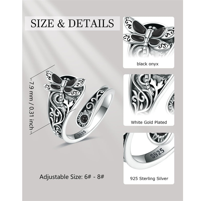 Sterling Silver Vintage Black Onyx Dragonfly Sunflower Spoon Ring and Turquoise Dragonfly Earrings Set