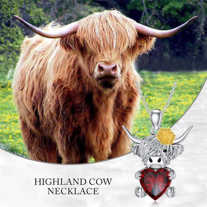 Sterling Silver Heart Birthstone Highland Cow Pendant Necklace