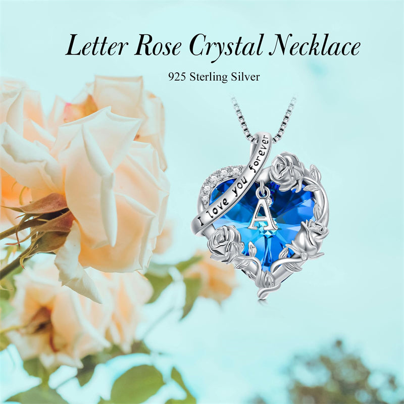 Sterling Silver  Blue Heart Crystal Initial A-Z Letter Rose Pendant Necklace Engraved with  I Love You Forever