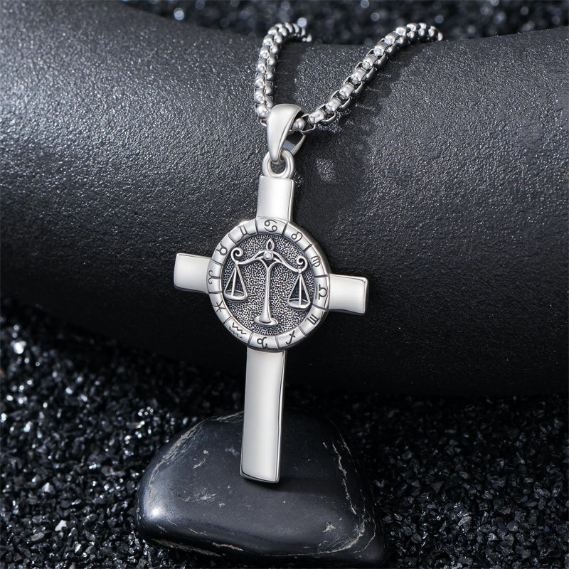 Sterling Silver 12 Constellation Cross Pendant Necklace