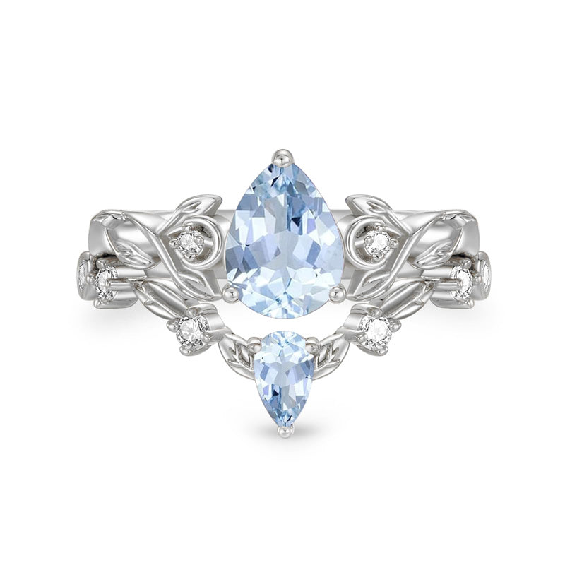 Sterling Silver 10K 14K 18K Gold Pear Cut Gemstone Leaf  Engagement Ring Set