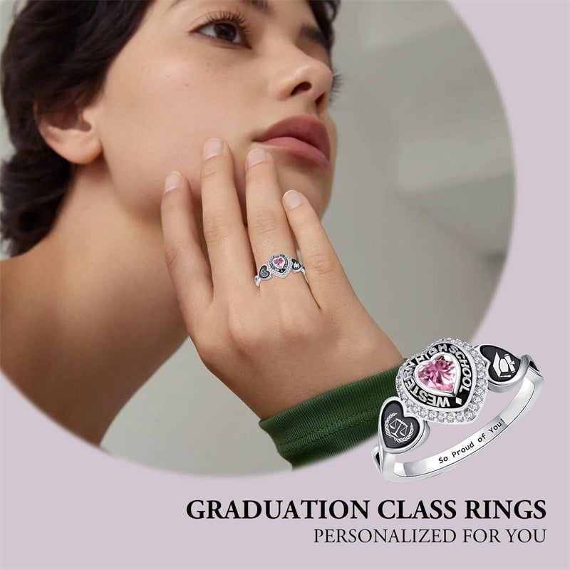 Sterling Silver Personalized Pattern Engraved Birthstone Class Ring for Women