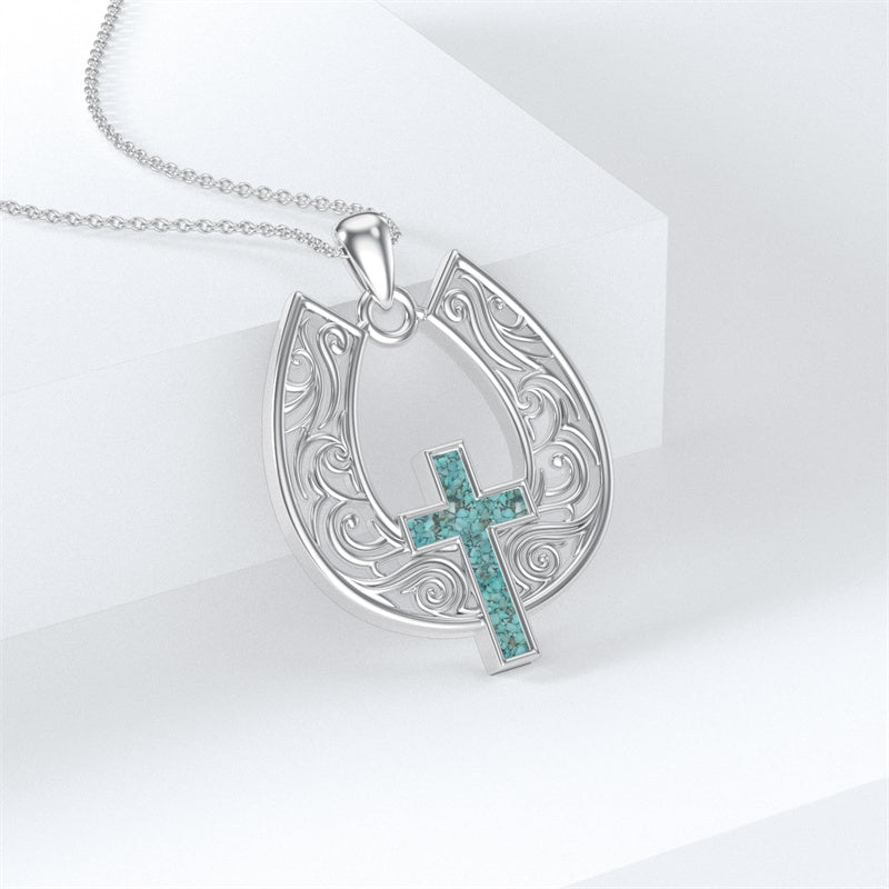 Sterling Silver Turquoise Cross Bear Claw Cowboy Boot Pendant Necklace