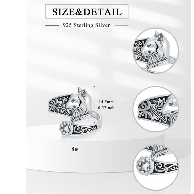 Sterling Silver Cat Adjustable Spoon Ring for Women