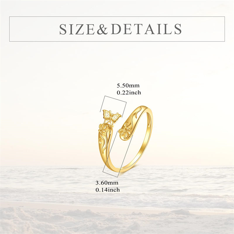 14k Yellow Gold Adjuatable Spoon Dragonfly Butterfly Hummingbird Animal Ring