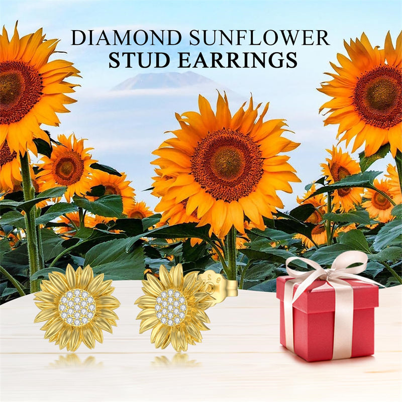 14K Yellow Gold Sunflower  Stud Earrings