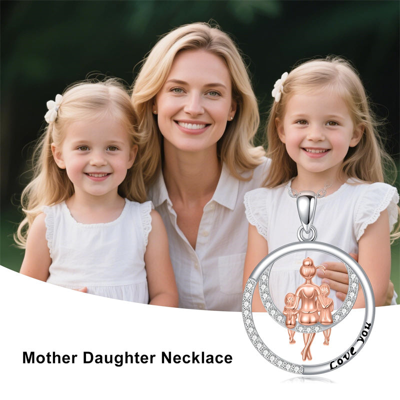 Sterling Silver Mother Daughter Pendant Necklace Engraved with Love You