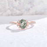 Sterling Silver 10K 14K 18K Gold  Personalized  Engraved Natural Moss Agate Engagement Bridal Wedding Ring Set