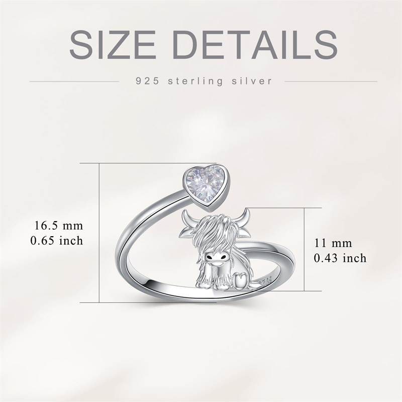 Sterling Silver Heart Birthstone Personalized Engraved Highland Cow Adjustable Ring
