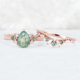 Sterling Silver 10K 14K 18K Gold  Personalized  Engraved Natural Moss Agate Engagement Bridal Wedding Ring Set