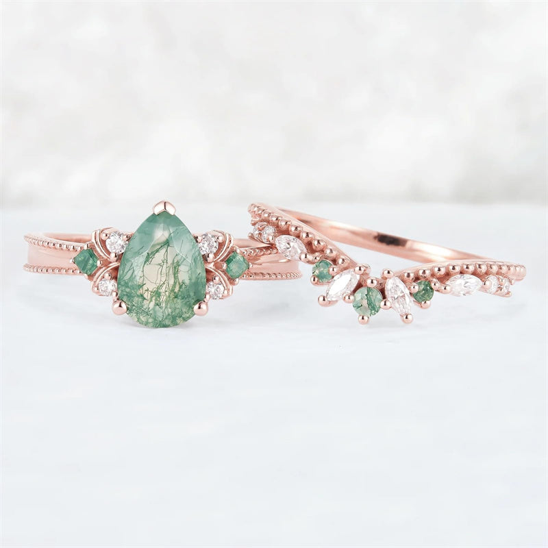 Sterling Silver 10K 14K 18K Gold  Personalized  Engraved Natural Moss Agate Engagement Bridal Wedding Ring Set