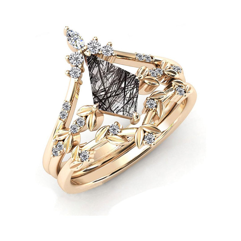 Sterling Silver 10K 14K 18K Personalized Engraved 2CT Natural Black Rutilated Quartz Engagement Ring Set