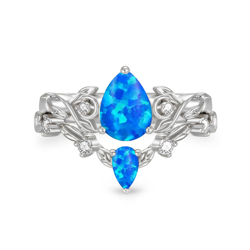 Sterling Silver 10K 14K 18K Gold Pear Cut Gemstone Leaf  Engagement Ring Set