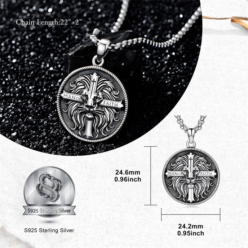 Sterling Silver Faith Bible Lion Pendant Necklace for Men