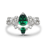 Sterling Silver 10K 14K 18K Gold Pear Cut Gemstone Leaf  Engagement Ring Set