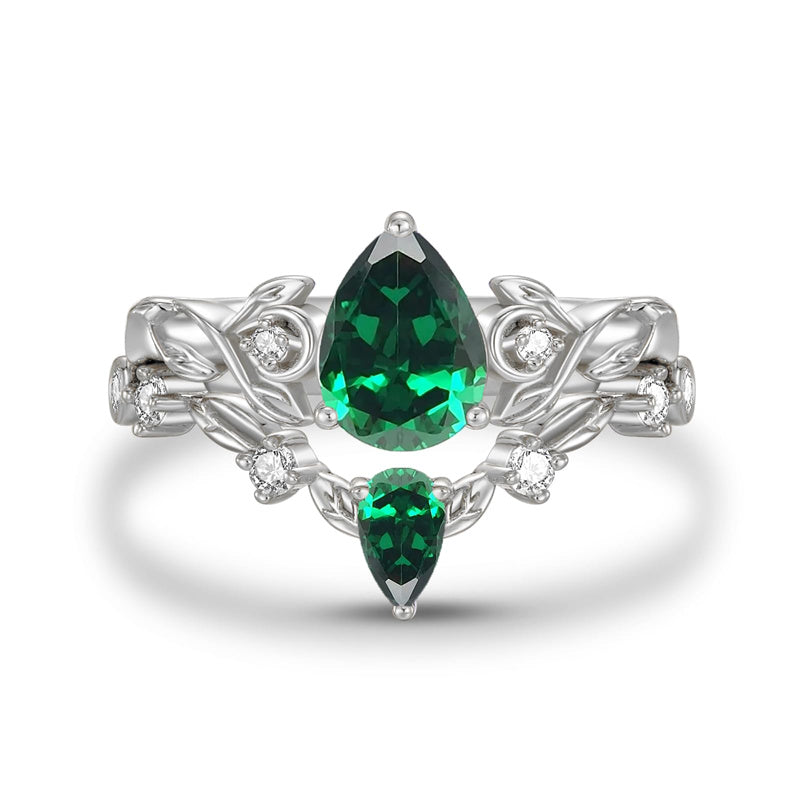 Sterling Silver 10K 14K 18K Gold Pear Cut Gemstone Leaf  Engagement Ring Set