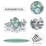 Sterling Silver Pear Kite Round Oval Cut Natural Moss Agate Leaf Engagement Wedding Promise Ring Set